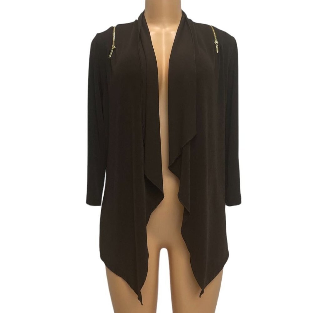 Chico's Travelers Women Brown Cardigan Soft Draped Ruffles 3/4 Sleeve Small NWT